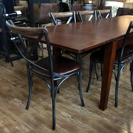 Oak Double End Extension Table Royal Oak + 8 Steel Cross Back Leather Seat Dining Chairs Set